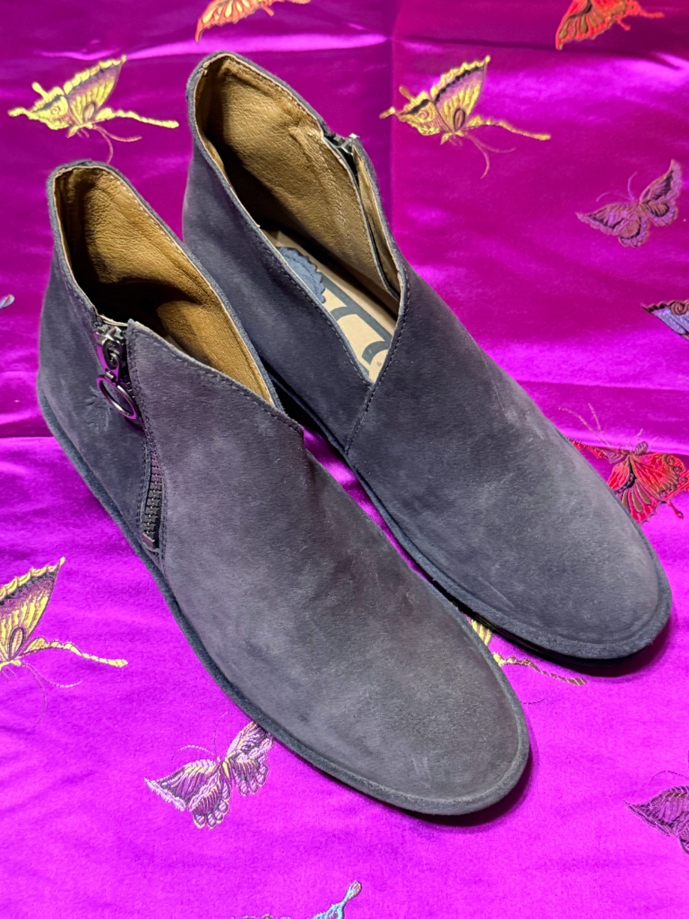 Fly London Grayish Navy Suede Ankle Booties with Side Zip